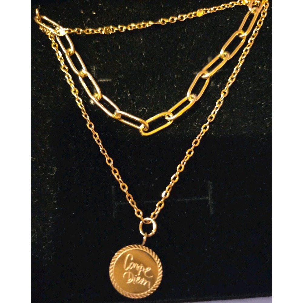 Layered 3 Chain Necklace With Carpe Diem Pendant, 18K Gold Plated New In Box